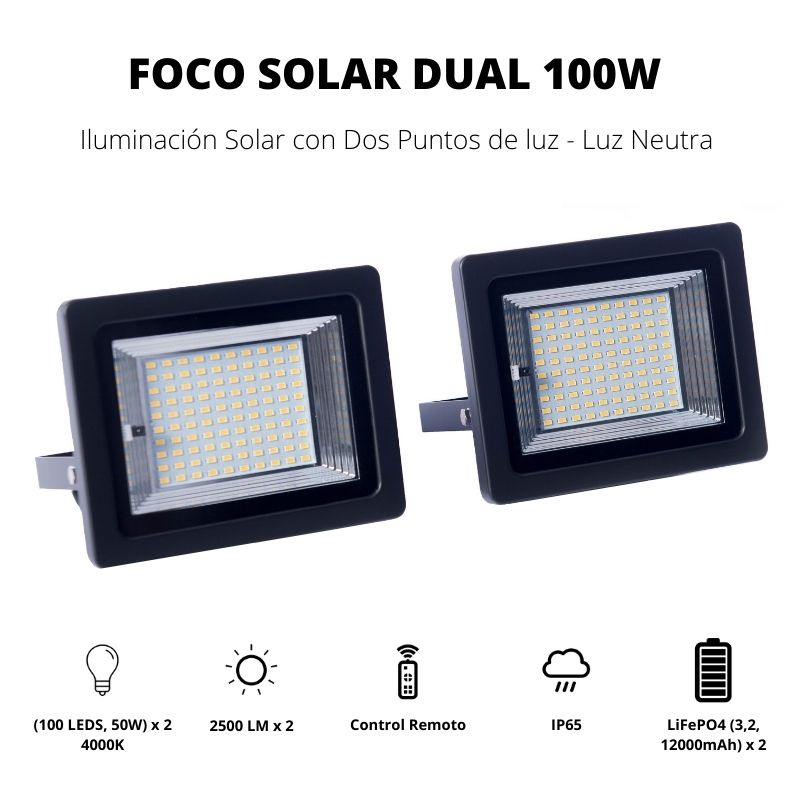 Foco Solar LED 100W Doble, 2 Lámparas, Luz Neutra 4000K, ELEDCO